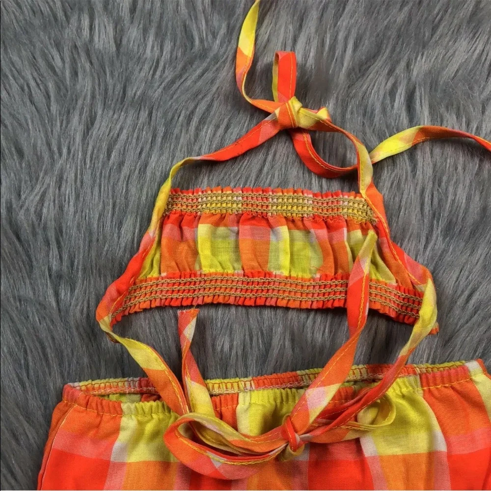 Vintage Baby Girls 70s Orange Yellow Plaid Cotton Bikini